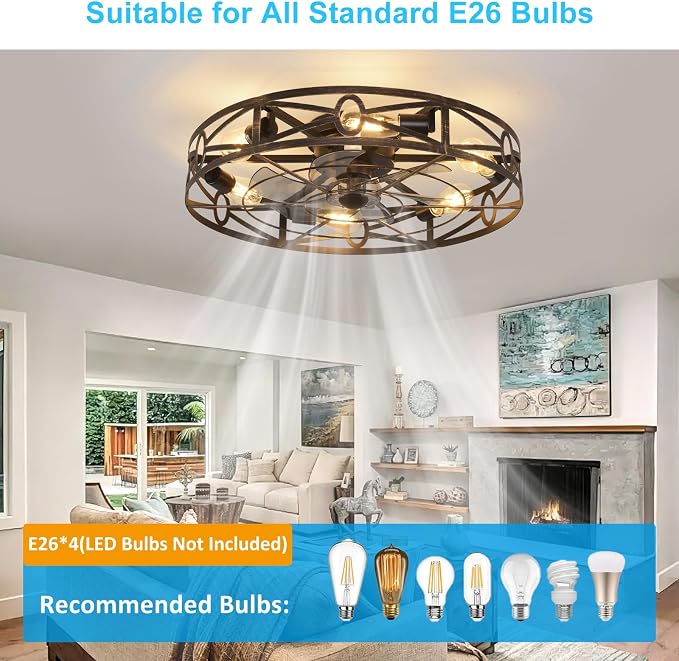 Depuley Flush Mount Ceiling Fan: 24" Caged Ceiling Fans with Remote Control for Patio Kitchen Bedroom - Low Profile Fandelier Lights Fixture Reversible 6 Speed Timer Brone 6*E26 Bulb Not Included