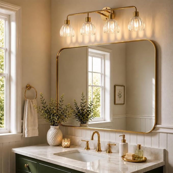 4-Light Gold Brass Bathroom Light Fixture with Clear Tulip Glass Shade,Wall Sconces,Vintage Vanlity Light Over Mirror,Bathroom Wall Light,E26 Socket(Bulbs Not Included) ASIN B0FVG