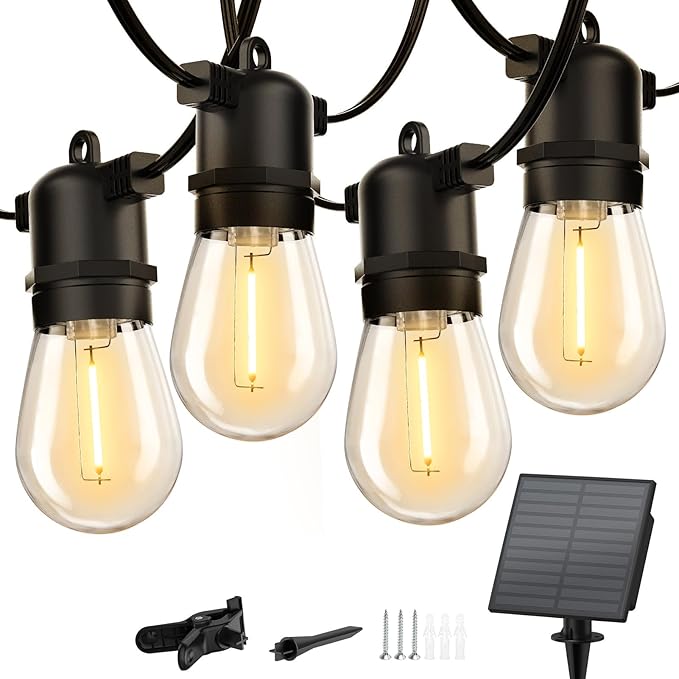 Minetom 34FT Solar String Lights Outdoor with Remote, Patio Lights | with 10 LED Shatterproof Bulbs and Hooks, E26 Socket and Type-C Port,Waterproof Hanging Lights for Outside Cafe Garden Bistro