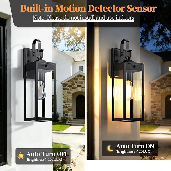 18'' Large Motion Sensor Outdoor Lights, Dusk to Dawn Porch Light | 2 Packs Exterior Lighting Fixtures, Modern Black Outdoor Sconces for House, Outside Farmhouse Wall Lanterns for Garage