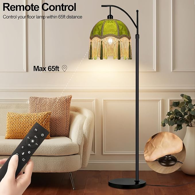 QIYIZM Arc Floor Lamp for Living Room,Bedroom,Standing Lamp with Remote Dimmable,Green Mid Century Black Tall Lamp Boho Vintage Retro Fringe Tassel Flower Velvet Unique Lamp Victorian Tiffany Decor