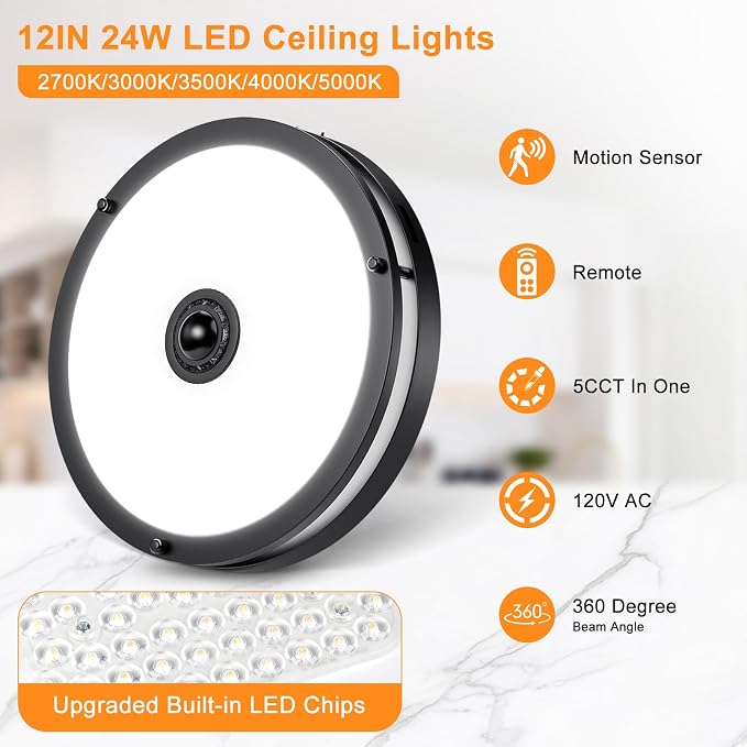 12" LED Motion Sensor Outdoor Ceiling Light with Remote, 24W | Dusk to Dawn, 2700K/3000K/3500K/4000K/5000K Dimmable, 4 Lighting Modes, 24W Flush Mount Ceiling Light for Entryway, Black
