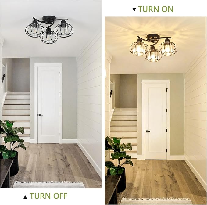 PAUFUL 3-Light Crystal Semi Flush Mount Ceiling Light,Black Modern Close to Ceiling Light Fixtures,Kitchen Light Fixtures with Clear Crystal Shade,Hallway Light Fixtures for Hallway Bedroom Bathroom