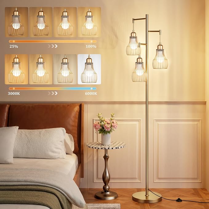 Ziisee Dimmable Gold Floor Lamps for Living Room, Farmhouse Tree Standing Tall Lamp with Remote Control 3 Elegant Cage Shade LED Bulbs for Bedroom Office - Gold