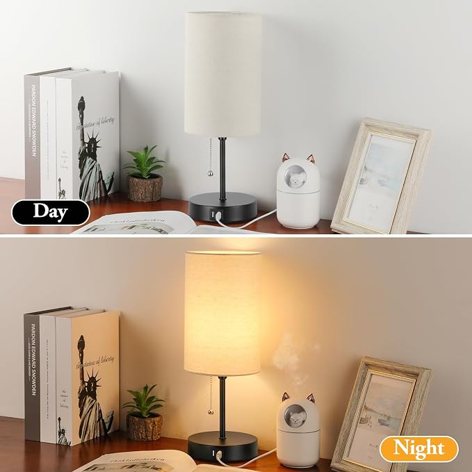 2 Sets Table Lamps with 2 USB, Minimalist Beside lamps for Bedroom, Nightstand Lamps with Pull Chain, Desk Lamps with Cream Fabric Shade and Black Metal Base for Living Room, Home Office Reading Hotel
