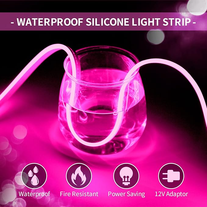 Neon LED Strip Lights Pink 16.4FT/5M 12V DC Waterproof Flexible LED NEON Light for Indoors Outdoors Decorm (No Adapter, Pink)