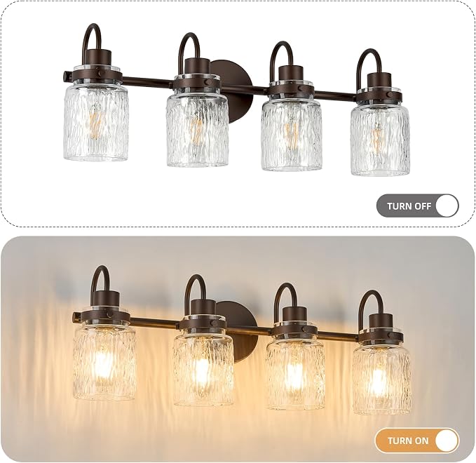 4 Lights Hammered Glass Bathroom Vanity Light, Oil Rubbed Bronze | Easy Installation,Up or Down,Farmhouse Modern Style,E26 Socket,ETL Certification