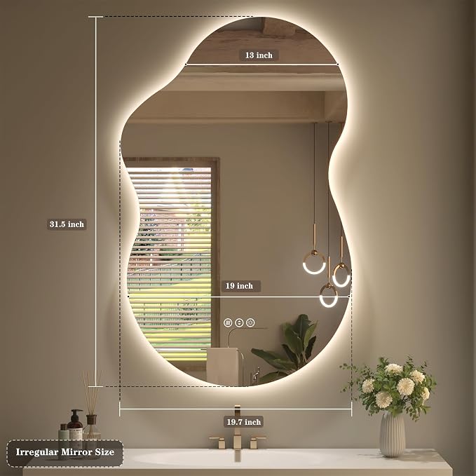 SMIROR 20x32 Irregular Backlit Led Lighted Bathroom Vanity Mirror | Asymmetrical, Cloud Shape, Anti-Fog, 3 Colors, Dimmable, Memory, Tempered Glass, UL