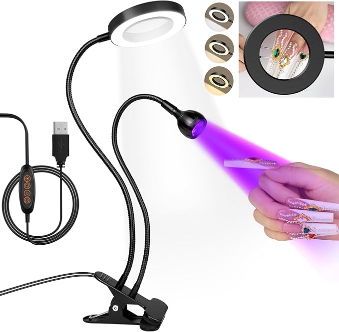 AORAEM LED UV Nail Lamp: Double-Headed Gooseneck U V Lamp for Gel Nails, LED Flash Cure Light with 6X Magnifier Home DIY Salon, Black