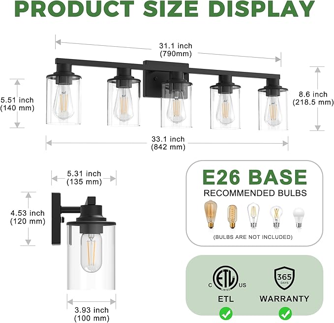 DORESshop Bathroom Light Fixtures, 5-Light Black Bathroom Lighting Fixtures Over Mirror with Clear Glass Shade, Vanity Lights for Hallway Living Room Bedroom