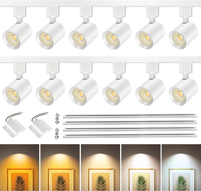 2-Set 5-Color 6-Light LED Track Lighting Kit with 6.6FT H Type Track Lighting Rail, Dimmable Track Lights with Floating Canopy, Ceiling Spot Light Flicker Free, CRI90+, 36° Beam 10W 800lm, White