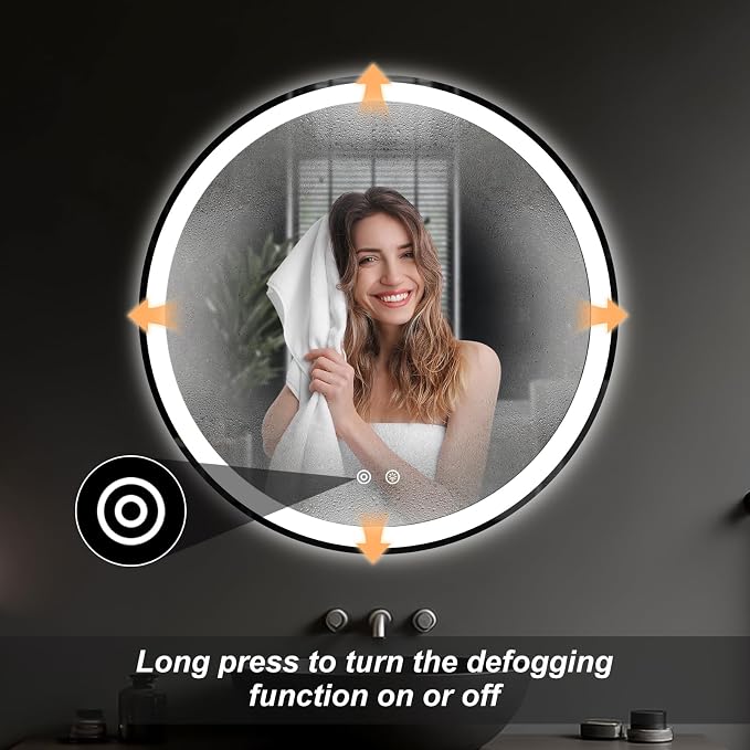 Sweetcrispy 30 Inch Round LED Mirror for Bathroom with Lights, Circle Vanity Mirror with Anti-Fog, Dimmable, 3-Color Light, Memory Function, Tempered Glass