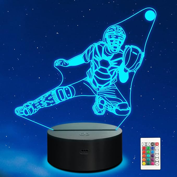 Ammonite Baseball Catcher Night Light, 3D Illusion Baseball Player Lamp for Kids, 16 Colors Changing with Remote, Kids Bedroom Decor as Xmas Holiday Birthday Gifts for Boys Girls