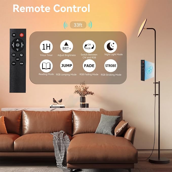 SUNMORY RGB Floor Lamps for Living Room, Bright Tall Standing LED Lamp | 32W/3000LM, Remote Control, Adjustable Height, Rotating Head, Modern Dimmable Torchiere Corner Light for Gaming Room Bedroom