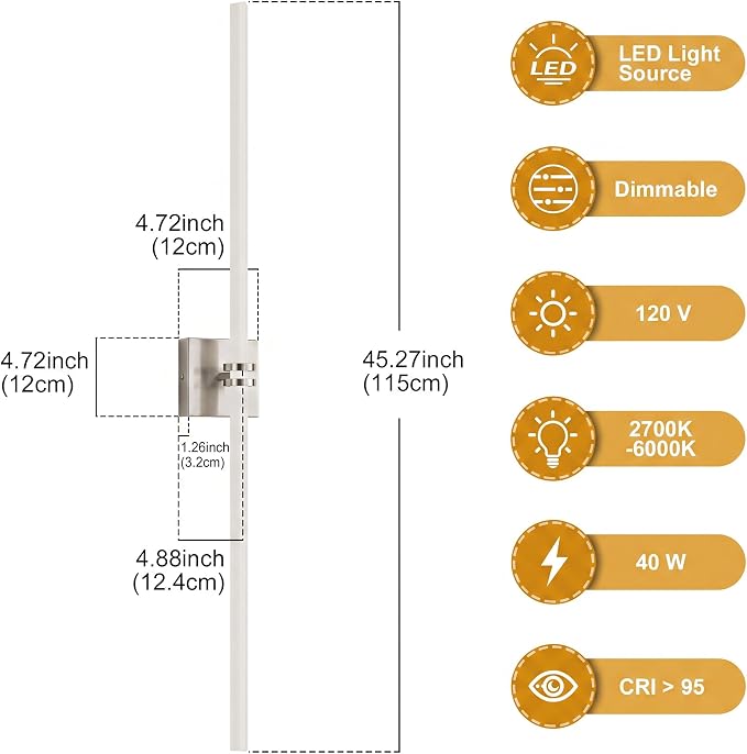 Bathroom Light Fixture LED Vanity Light 45.3" 5CCT Wall Sconce | LED Dimmable Wall Light Nickel Modern 360° Lighting, 42W Hardwired Vanity Light for Bathroom Mirror, Flicker-Free