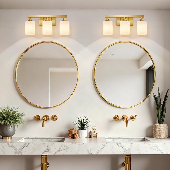 ZHU YAN Bathroom Vanity Lights Over Mirror,Gold Bathroom Light Fixtures 3 Lights，Modern Wall Sconces Milky White Glass Shades for Mirror Living Room Bedroom Standard E26 Base
