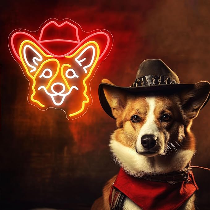 Corgi Neon Signs for Wall Decor, Cute Dog Neon Sign Dimmable Cowboy Hat Neon Light Sign for Pet Shop Bedroom Party Decor, Animal LED Light Up Sign for Birthday Christmas Gifts Boys Girls
