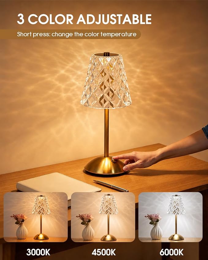 Nusogon 2 Pack Rechargeable Cordless Table Lamp, Touch Control Desk Lamp | 3 Color Dimmable Gold LED Small Lamp for Bedroom Bedside Restaurant Kitchen Home Decor