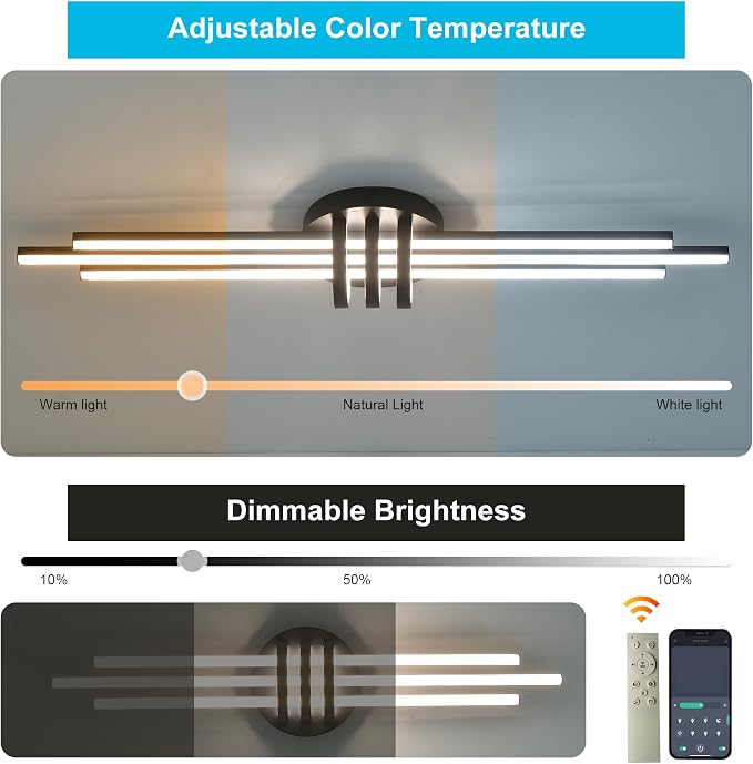 Garwarm 39In Modern Dimmable Linear LED Ceiling Light with Remote, Black | Low Profile Flush Mount Kitchen Ceiling Light, 3000K-6500K, 24W for Kitchen, Dining Room, Living Room, Bedroom, Hallway