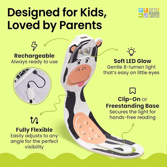 Gifts for Readers & Writers Rechargeable Book Light for Kids, Clip On Reading Light for Bed, 2in1 Flexilight Pals & Bookmark, 12 Hours of Light Once Charged, Includes USB Cable & 2 LED Lights, Cow