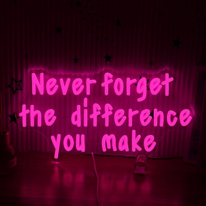 Never Forget The Difference You Make Neon Sign for Wall Decor USB Powered Motivational Led Letters Light Up Sign Dimmable Pink Neon Light for Gifts Bedroom Gym Classroom Party (16.54 * 8.66)