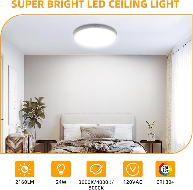 Hlite 12 Inch Flush Mount LED Ceiling Light,2400LM,3CCT,4 Pack | 24W 3000K/4000K/5000K Selectable,Low Profile Ceiling Light Fixtures for Kitchen Bedroom Hallway Laundry Room Closet,White