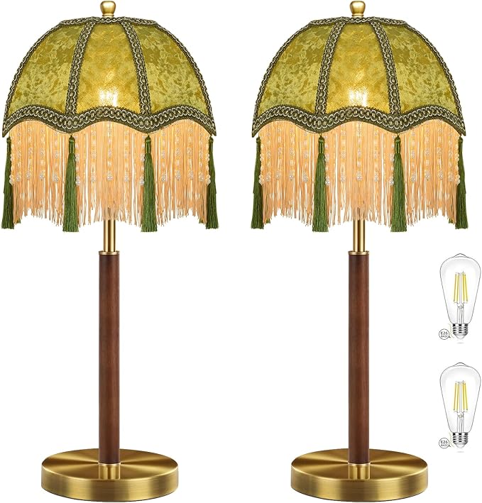 ILLMTW Vintage Table Lamp Set of 2,Flower Small Bedside Lamps Dimmable Bedroom Lamp with Fringe Green LampShade,Gold Boho Mid Century Retro Tassel Nightstand Lamp for Bedroom Living Room Tiffany Decor