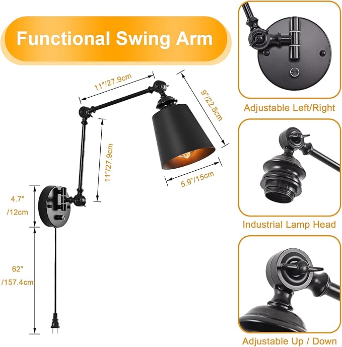 HOXIYA DIMMABLE Swing Arm Plug in Wall Lamps Set of 2, Plug-in Wall Sconce with Dimmer Switch Cord, Matte Black Metal Industrial Reading Light Fixture Wall Mounted for Bedside Bedroom Living Room