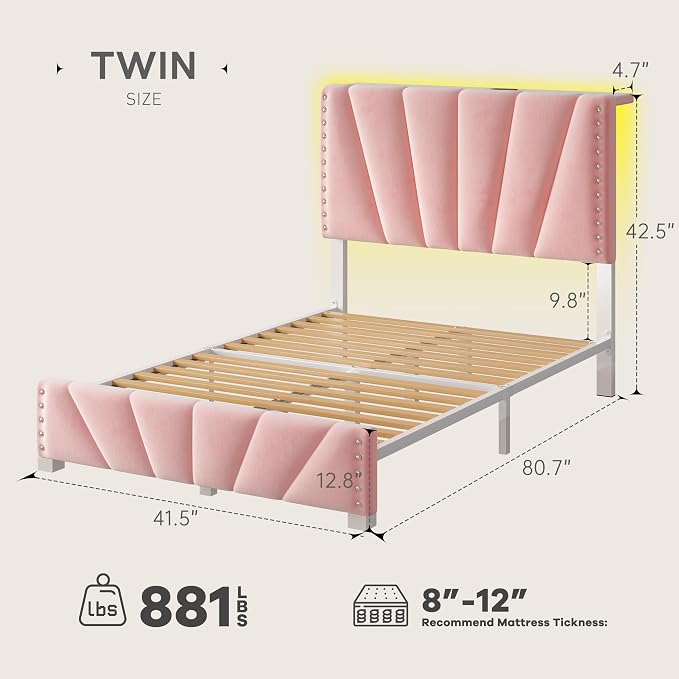EnHomee Twin Bed Frame with LED Lights & USB, Noise-Free, Pink | Adjustable Velvet Headboard，Under-Bed Storage，Heavy Duty Support with 12 Slats，No Box Spring Needed，Easy Assembly for Bedroom