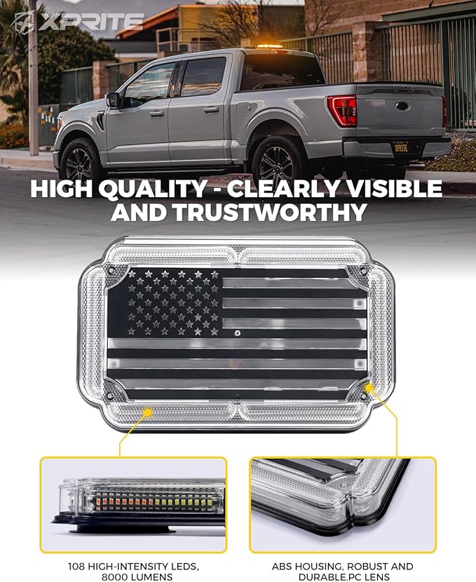 Xprite 300% Bright 108 LED Roof Top Strobe Light, US Flag Pattern Emergency Safety Warning Mini LED Strobe Lightbar w/Magnetic Base for 12-24V Construction Vehicles, Trucks, Snow Plows, Amber