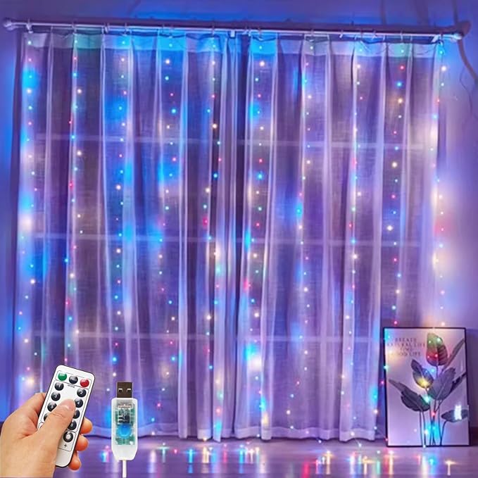300 LED Fairy Curtain Lights, 9.8 x 9.8FT Warm White USB Plug in 8 Modes String Hanging Lights with Remote for Christmas, Bedroom, Indoor, Outdoor, Weddings, Party (Multi-Colored)