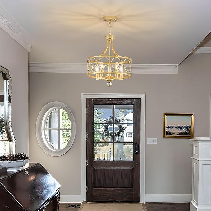 5-Light Chandelier E12 Base Round 15.2in - Gold Metal Farmhouse Lantern Pendant Light Fixture,Adjustable Hanging Ceiling Lighting,for Kitchen Island,Entryway,Dining Room,Living Room