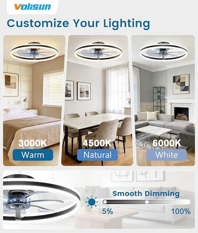 VOLISUN Low Profile Ceiling Fans with Lights and Remote, 24in Flush Mount Ceiling Fans with Light, 3000K-6500K Dimmable Fandelier LED Fan Light, Black Bladeless Ceiling Fans with Lights for Bedroom