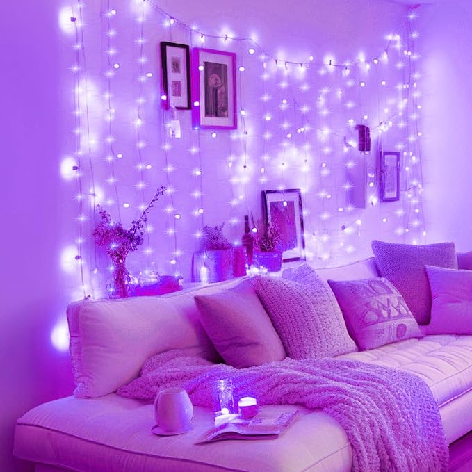 Minetom Halloween Curtain Lights, 300 LED Dimmable Fairy Lights with Remote and Timer, 8 Modes, USB Powered String Lights for Room Wall Party Xmas Indoor Decor, Purple