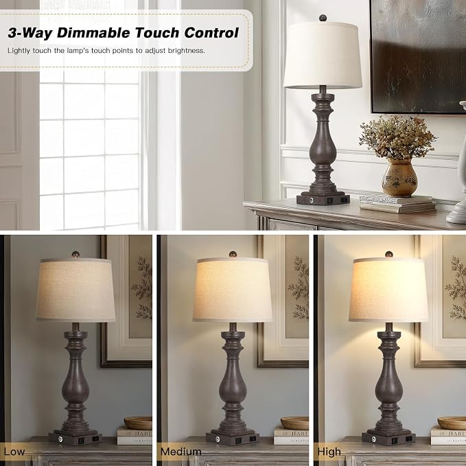 29" Tall Farmhouse Table Lamp for Living Room Set of 2,Vintage Retro Nightstand Lamps with USB C+A Ports & AC Outlet,3-Way Dimmable Touch Bedside Lamp for Bedroom End Table,Earthy Tone