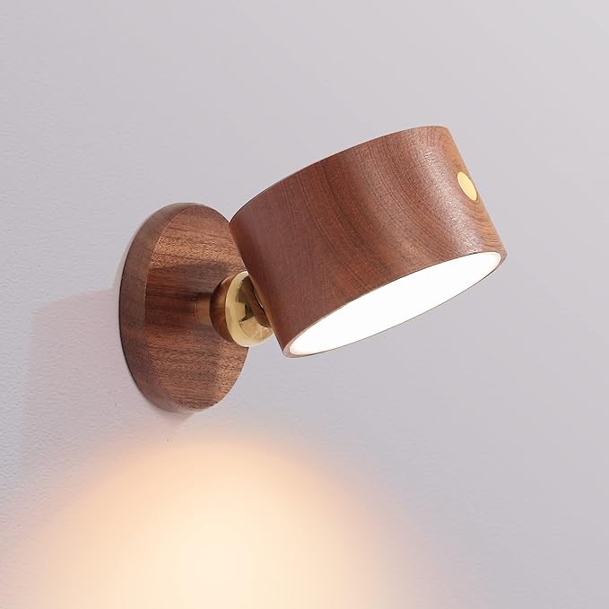 Wooden Led Wall Sconce, 360° Rotatable Dimmable Wall Lights Rechargeable Wall Lights Battery Operated Magnetic Led Night Light for Reading Light and Household Lighting (Sapele Wood 1pcs)