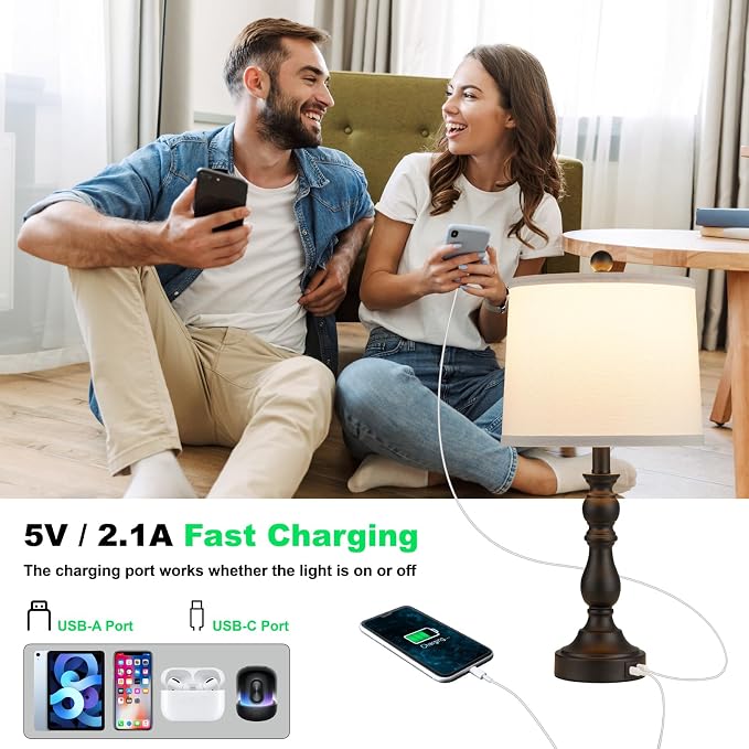 Farmhouse Side Table Lamps for Living Room Set of 2 with USB C+A Ports, Bedside Lamp for Bedroom, Dining Room Decor, Office, End Table, Knob Switch, 3 Color Temperatures, Bulb Included, Black