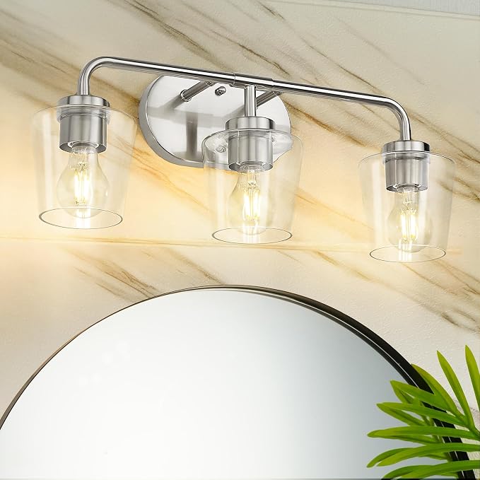 3-Light Bathroom Light Fixtures Over Mirror, Brushed Nickel | Vanity Lights for Bathroom with Clear Glass, Modern Vanity Lighting Fixtures, AD-22004-3W-SN-C