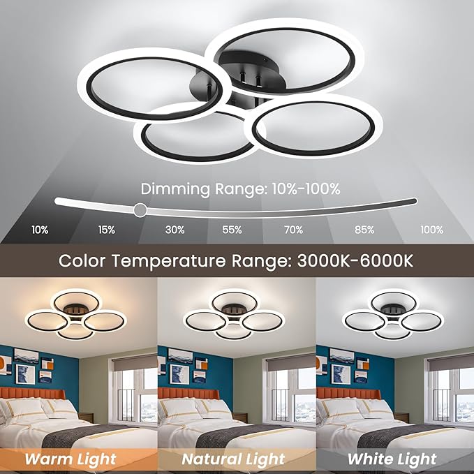 Modern LED Ceiling Lights Fixture Black Dimmable Acrylic 4 Rings Ceiling Lights Remote Control Dimmable Flush Mount Ceiling Lamp for Dining Room, Kitchen, Bedroom, Office(28.74inch)