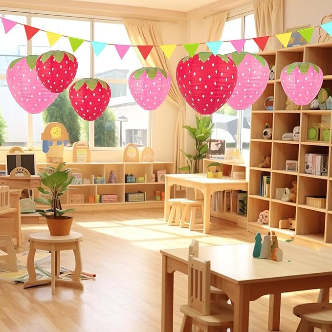 Strawberry Paper Lanterns, 8" & 12" Large Strawberry Hanging Lantern, Strawberry Hanging Decorations for Fruit Theme Birthday Party Decor(8 Pcs, Pink)