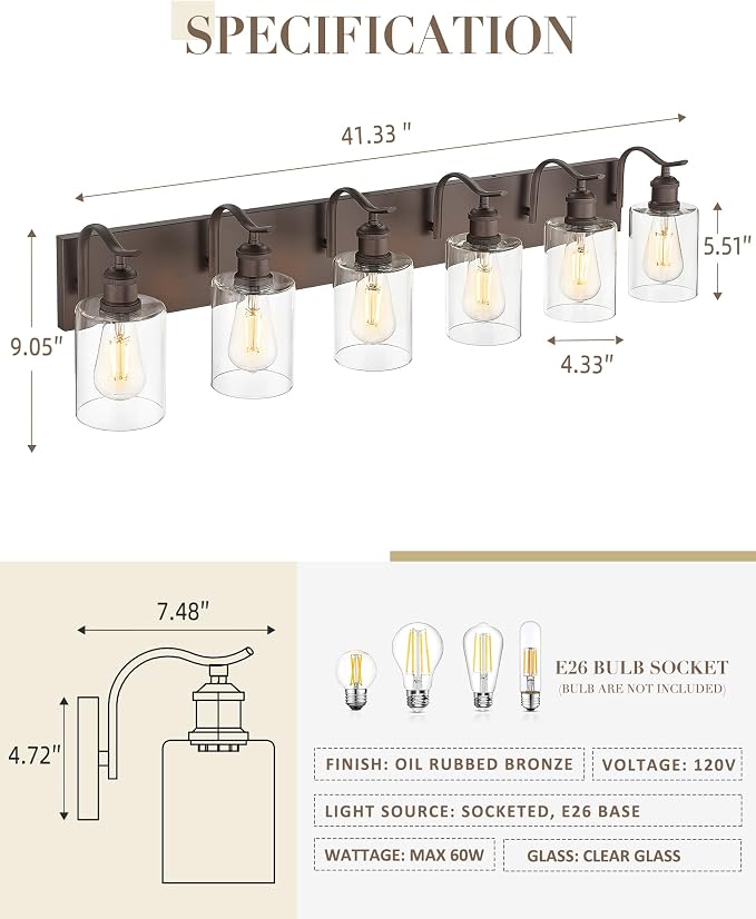 6-Light 41 Inch Bathroom Vanity Light,Clear Glass,Oil Rubbed Bronze | Over Mirror Wall Light,E26 sockets,for bathroom mirror,powder room,dressing area