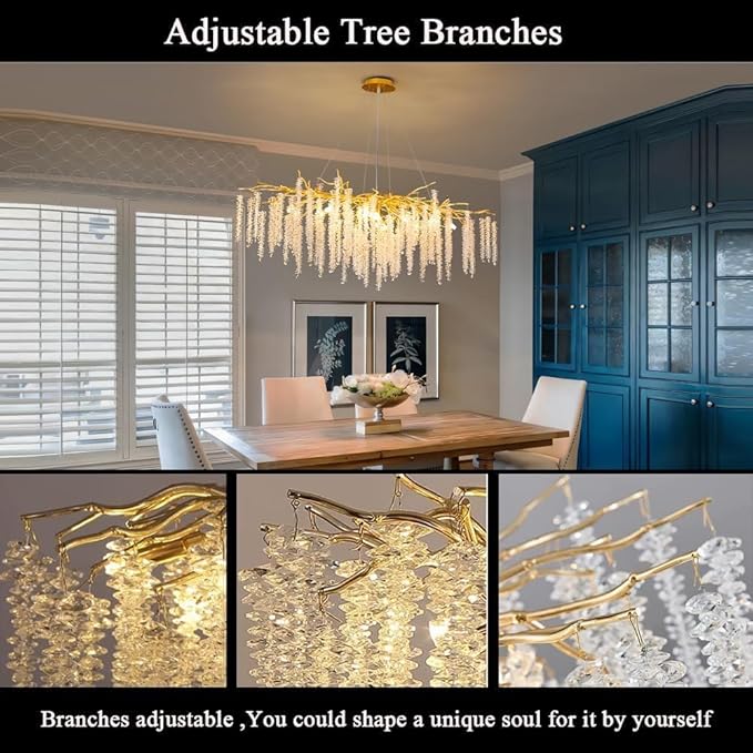 Tree Branch Chandelier L47 Luxury Rectangular Crystal Raindrop Pendant Light 13 Lights Kitchen Island Hanging Light Fixture for Living Room Dining Room Foyer Entryway Gold