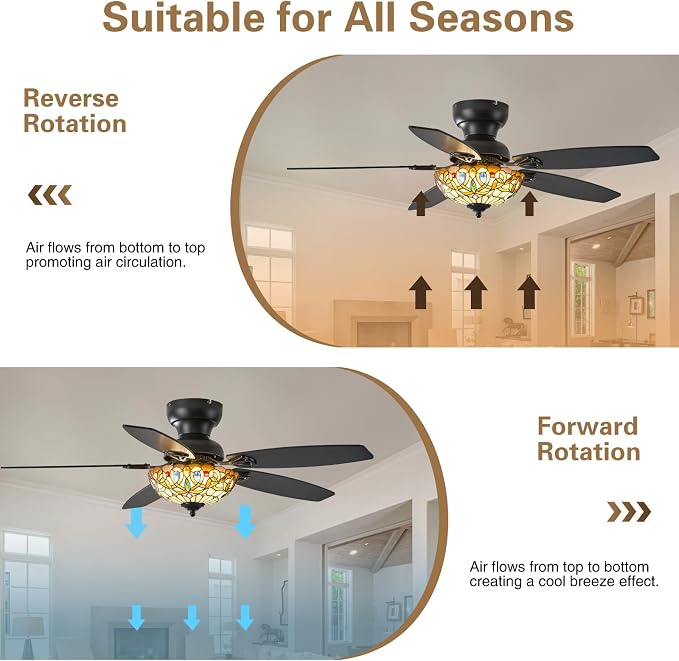 Tiffany Ceiling Fans with Lights-48"Ceiling Fan Chandelier and Glass Shade | 48" Ceiling Fan Chandelier with 5 Dual-Blades and Glass Shade, 6 Speeds and Reversible, Indoor and Outdoor, Retro Style