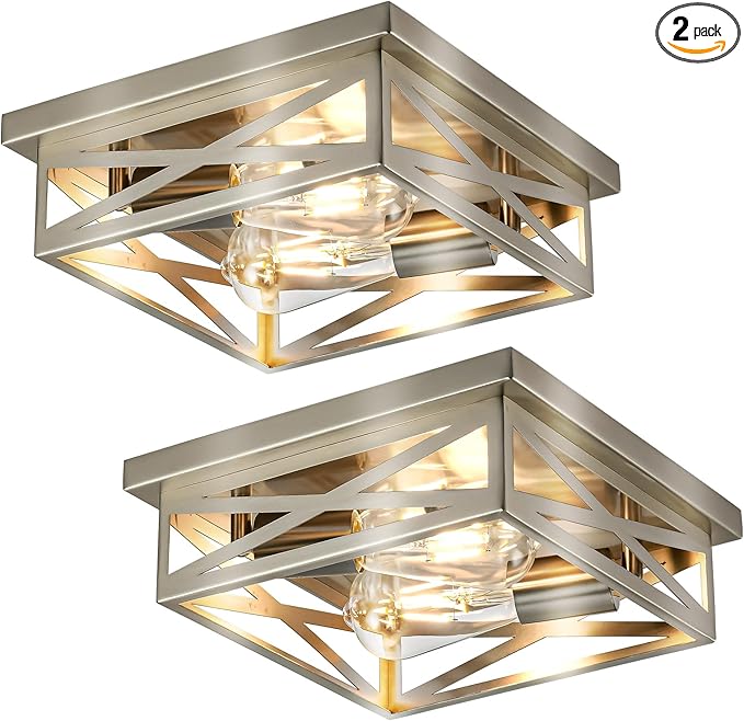 Brushed Nickle Flush Mount Ceiling Light, 2-Pack Close to Ceiling Light Fixtures, 11 Inch Square Cross Cage Indoor Kitchen Ceiling Lights for House Hallway Bedroom Living Room