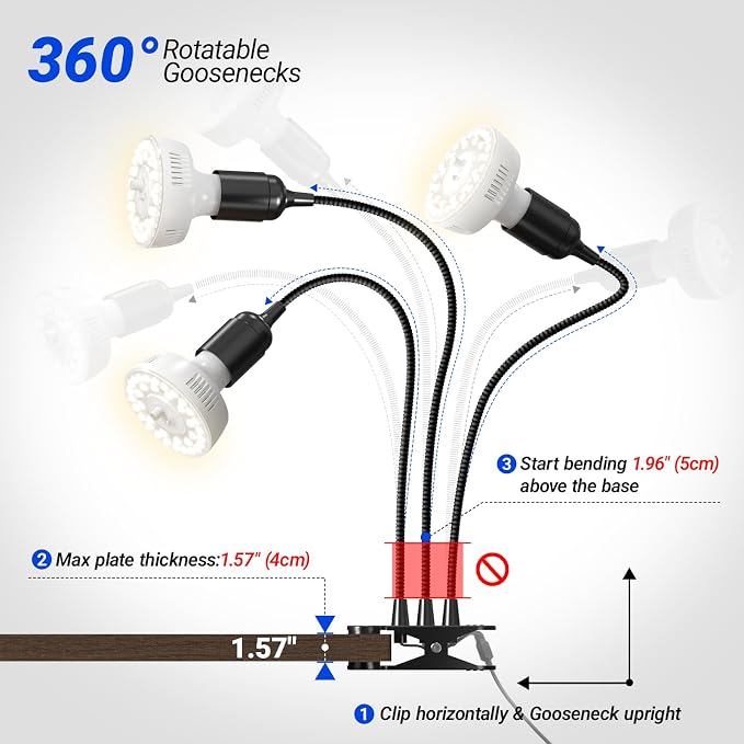 Barrina Orbgrow OG11A3 Clip On Grow Light for Indoor Plants, 4000K 33W | Integrated Stepless Dimming & Timing, Full Spectrum, High PPFD, 3 Goosenecks with E26 Plant Light Bulbs