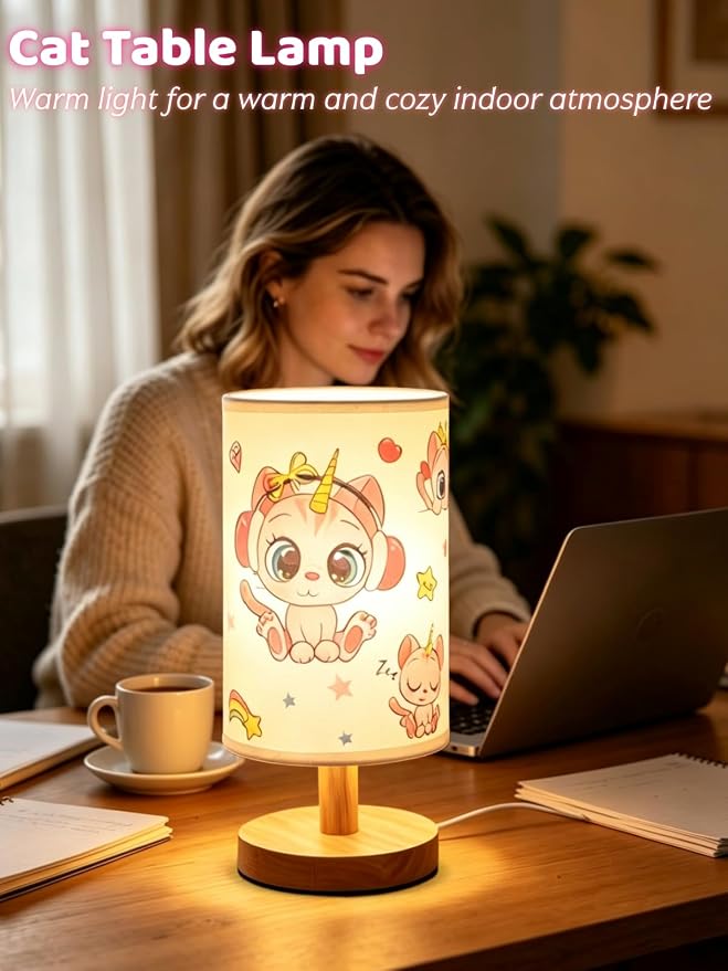 Cat Lamp,Kitty Gifts for Girl,Kids Table Lamp for Bedroom Bedside Lamps,3 Colors Dimmable LED Nightstand Night Light with Flaxen Fabric Shade Desk Lamp for Boys Girls Room Nurser Decor