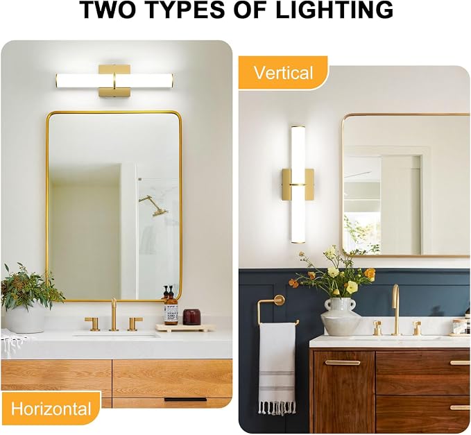 17.3Inch Modern Vanity Light Fixture with Switch, 12W 5000K Led Bathroom Light Fixture Over Mirror, Hardwired, 1200LM Gold Vanity Light Bar for Mirror Bedroom Hallway Living Room