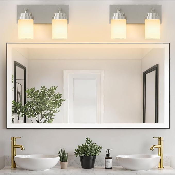 IZORRO Bathroom Vanity Light Fixture, 2-Light 15 Inch Brushed Nickel Bathroom Light Fixtures Over Mirror, with White Glass Shade, Modern Farmhouse Vanity Lights, Rustic Restroom Lighting Fixtures