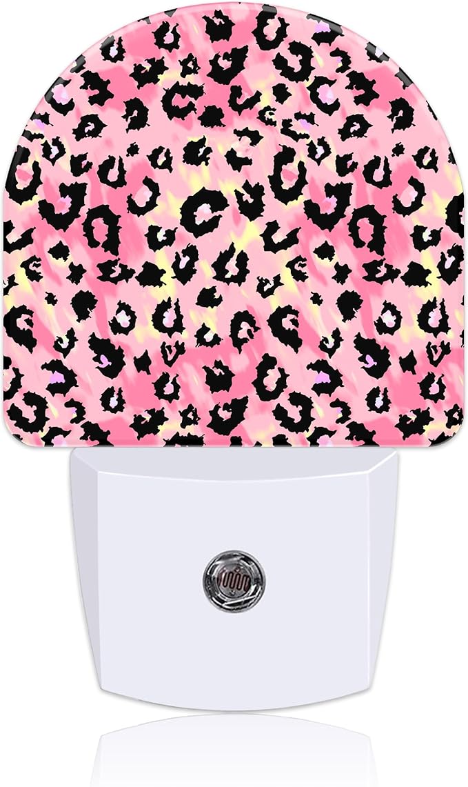 Plug in Night Lights Pink Watercolor Leopard Skin Nightlight Plug Into Wall Dusk to Dawn Sensor LED Night Light for Kid Girls Boys Room Decor, Hallway, Kitchen, Bathroom, Nursery, Stairs
