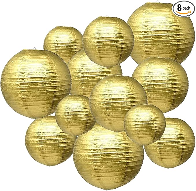 Gold Paper Lanterns 12 Pcs Assorted Size of 6" 8" 10" 12" Chinese Round Paper Hanging Decorations Ball Lanterns Lamps for Home Decorations, Parties, and Weddings